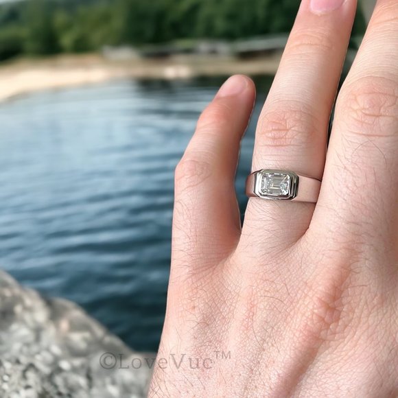 Certified 2ct. t.w. Emerald Cut Diamond Moissanite Unisex Wedding Ring VVS1 - Picture 3 of 16